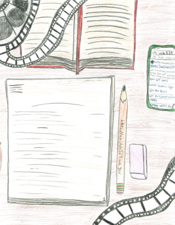 9th grade drawing of a screenwriters notebook, pencil and film reels 