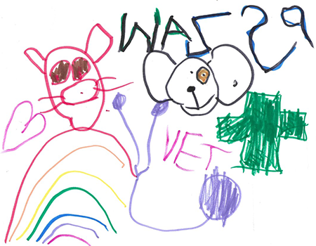 Kindergarten drawing of a Vet with a pig, a dog and a rainbow