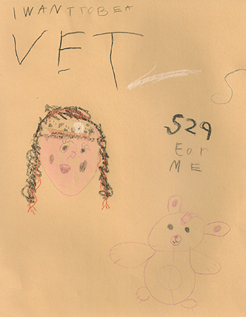 Kindergarten drawing of a Vet with a light on her head and an animal