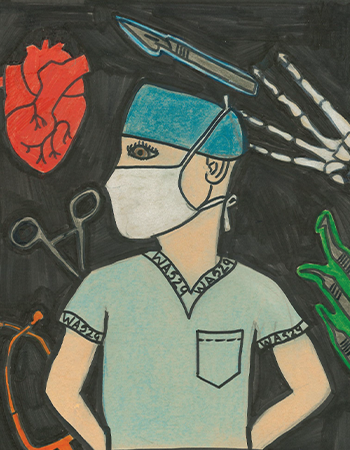9th grade drawing of a female heart surgeon, a heart, and surgical tools. 