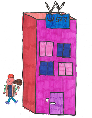 7th grade drawing of an architect hanging a WA529 sign on a building